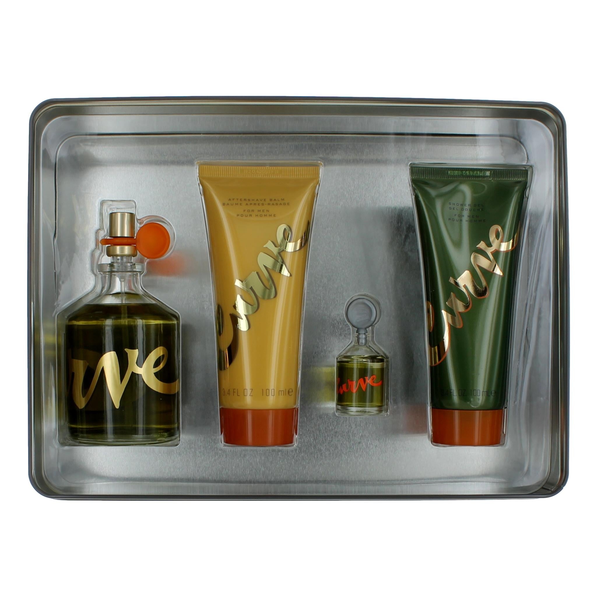 Bottle of Curve by Liz Claiborne, 4 Piece Gift Set for Men with 4.2 oz In A Tin Box